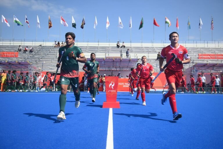 Bangladesh and Thailand teams enter the pitch at the Asian Games 2026