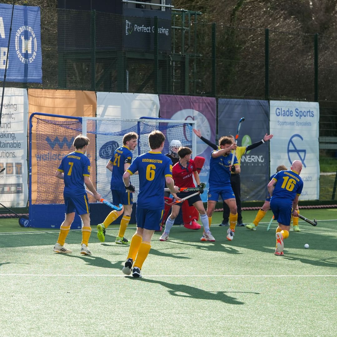 Scottish Hockey Premiership men's action — Uddingston celebrate